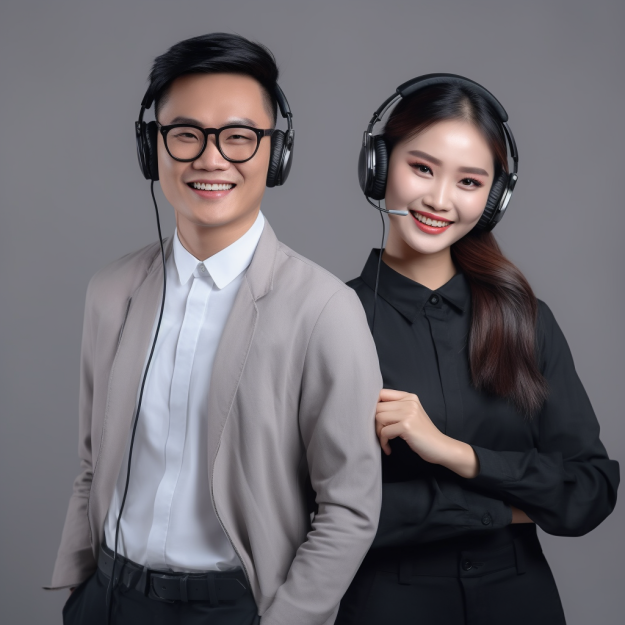 A young male and female telephonist showing their headsets