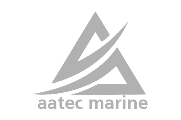 the letters 'aatec marine' beneath a grey pyramid shaped logo